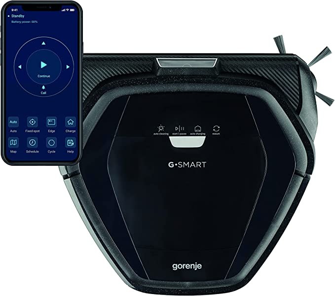 Gorenje RVC 216 BK G∙SMART Robot Vacuum Cleaner with Wipe Function – 2 in 1/Camera/Catu/LI-ION/Gyroscope/App Control/BLDC Motor/90min/0.5L/180ml/60W/72dB /black