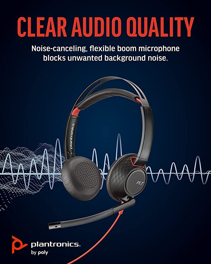 Poly Blackwire Plantronics Plantronics 5220 USB-A Headphones - Wired, Binaural, Flexible Noise-Cancelling Boom Microphone - Ergonomically Designed All Day - Connects PC/Mac via USB-A or 3.5mm for Mobi