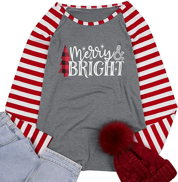 Merry Bright T Shirt Women's Christmas Buffalo Plaid T Shirt Fun Graphic Shirt Baseball Long Sleeve Cute Top, Red, Large
